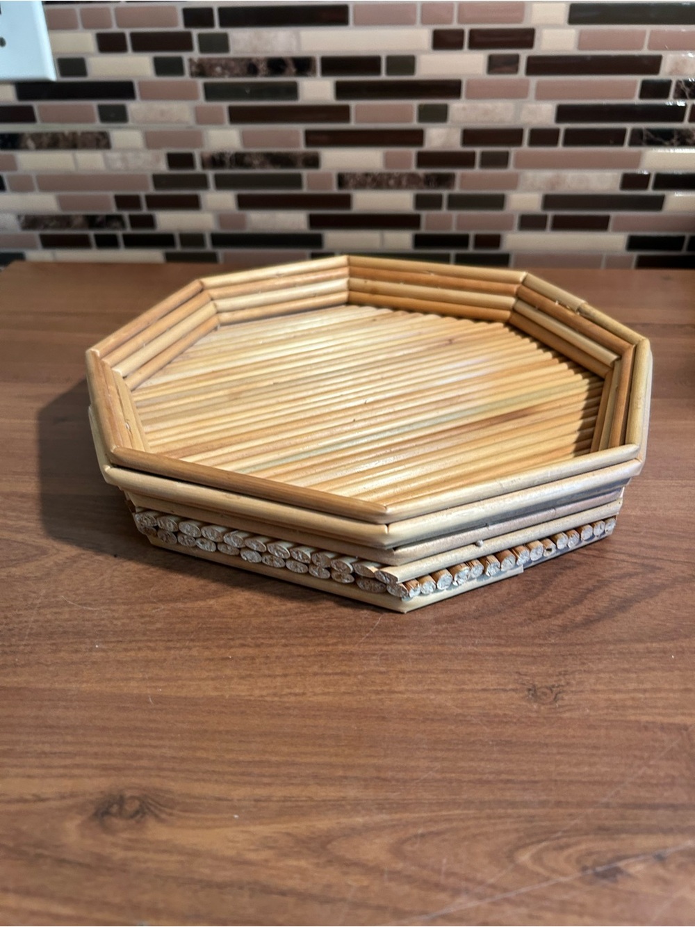 Vintage Octagonal Bamboo Trinket Tray - Natural Beige